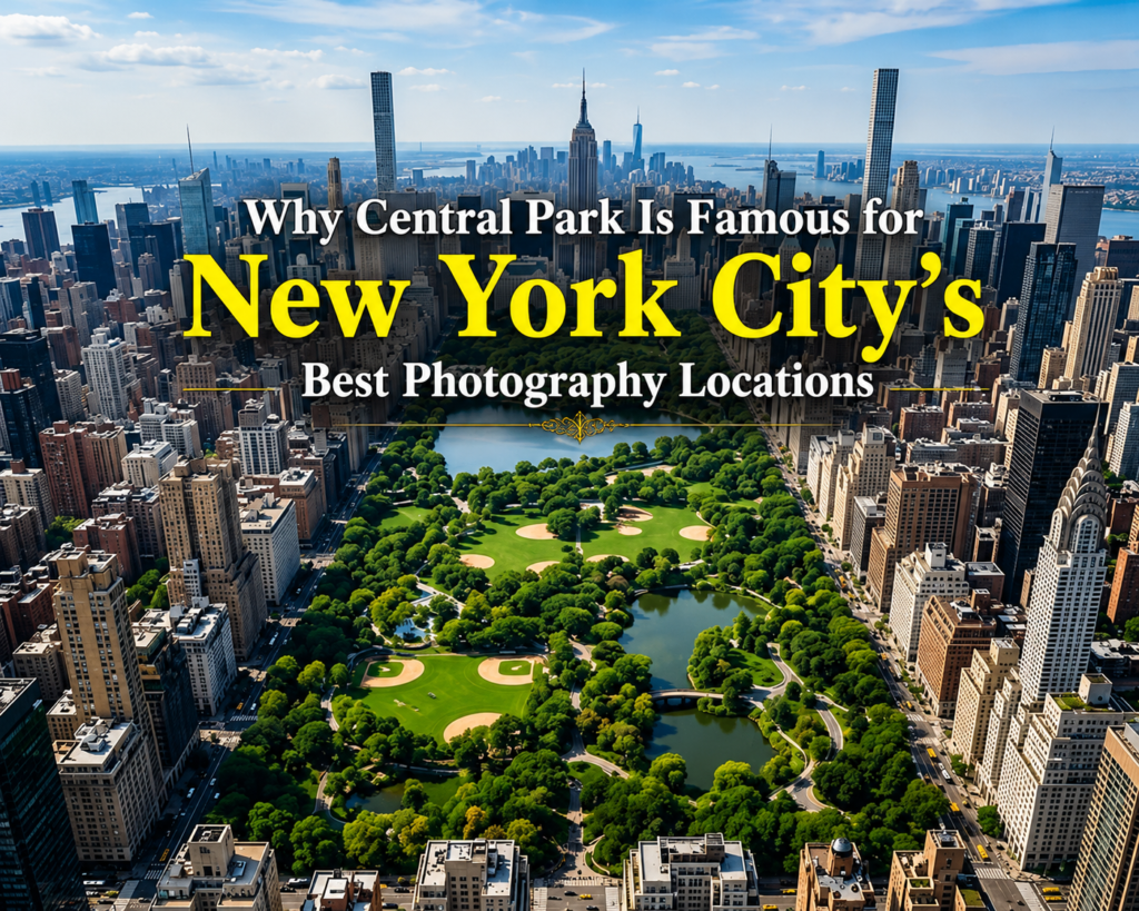 Aerial view of Central Park surrounded by Manhattan skyscrapers, featuring lakes, greenery, and bold text highlighting New York City's premier photography locations.