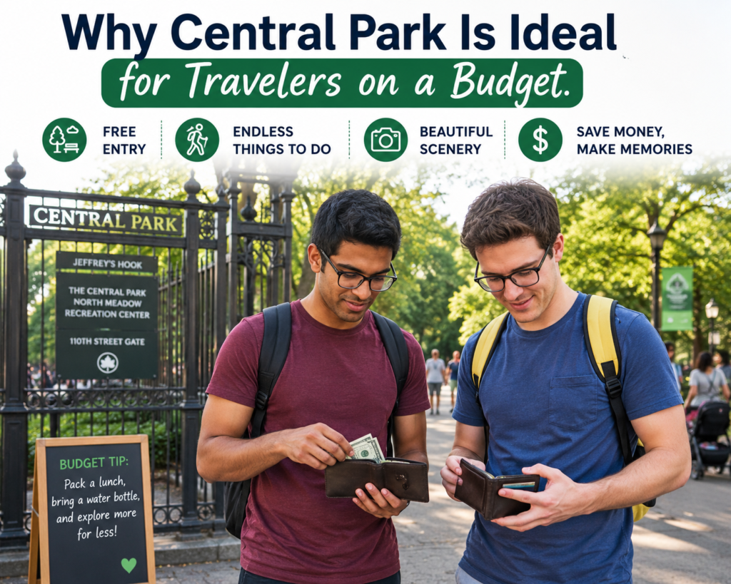 Two college students wearing colorful T-shirts and eyeglasses stand at a Central Park entrance, checking money from their wallets while planning a budget-friendly visit, highlighting affordable travel and smart spending.