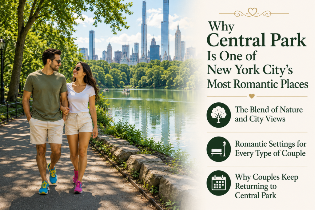 Romantic couple walking beside calm water beneath mature trees in Central Park, with New York City skyscrapers rising behind. Elegant infographic highlights romantic park experiences, scenic views, and memorable moments for couples.