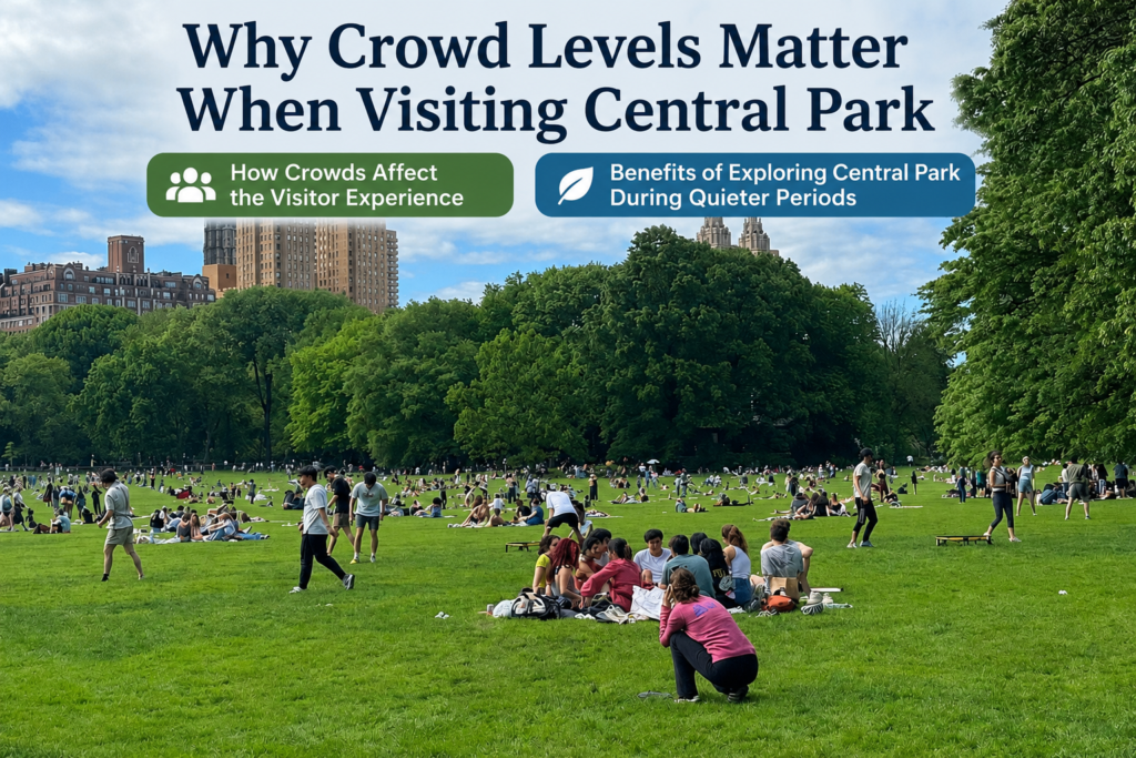 Central Park crowd enjoying sunny lawn beneath trees with infographic title about crowd levels, visitor experience, and benefits of quieter visits.