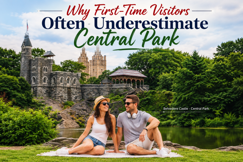 Couple relaxing near Belvedere Castle in Central Park beneath the caption, highlighting why first-time visitors underestimate the park’s size, scenery, landmarks, and peaceful atmosphere.