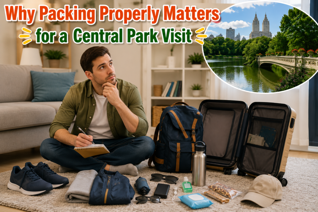 Man sits on carpet planning a Central Park visit, surrounded by travel essentials, suitcase, backpack, snacks, and clothing while imagining the park's scenic landscapes.
