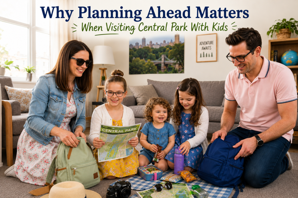 Family planning Central Park visit at home, parents and three children packing backpacks, studying maps, snacks and camera beneath travel planning headline in living room.