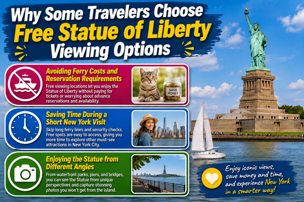 Colorful infographic explaining why travelers choose free Statue of Liberty viewing options, highlighting savings on ferry costs, shorter visit times, and unique waterfront perspectives from multiple public locations.