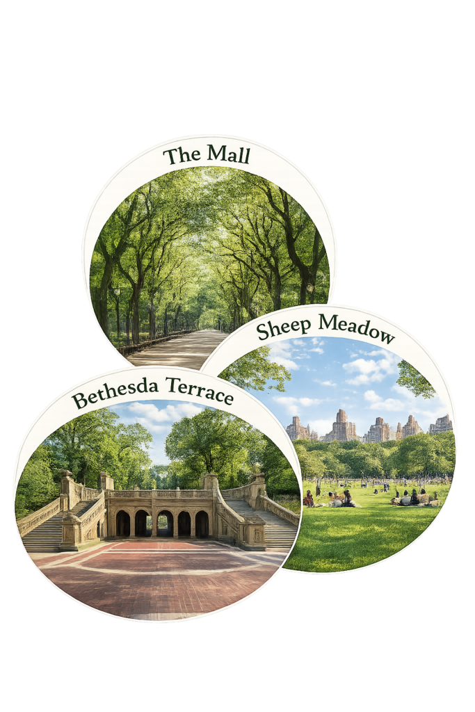 Three overlapping circular images showcase Central Park's iconic attractions: The Mall's tree-lined promenade, Bethesda Terrace's historic architecture, and Sheep Meadow's expansive green lawn with visitors, creating a vibrant travel-themed collage highlighting New York City's most beloved park landmarks.