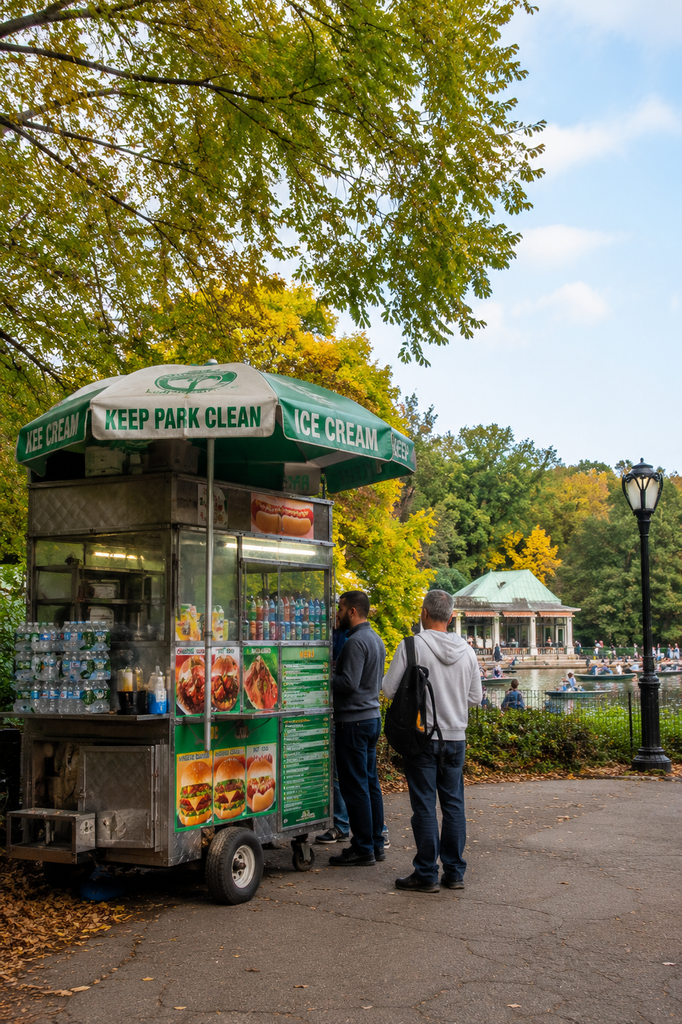 A realistic burger cart stands near Conservatory Water in Central Park, surrounded by autumn trees, a lake, boathouse, lamppost, and park visitors under natural daylight with vibrant fall foliage nearby.