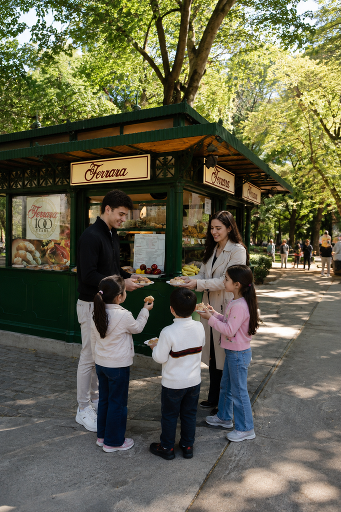 A couple is handing over meals to their children in Central Park after a tring walk