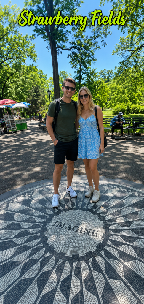 A British couple standing on the Imagine mosaic at Strawberry Fields, Central Park, surrounded by lush trees, benches, visitors, and sunny pathways.