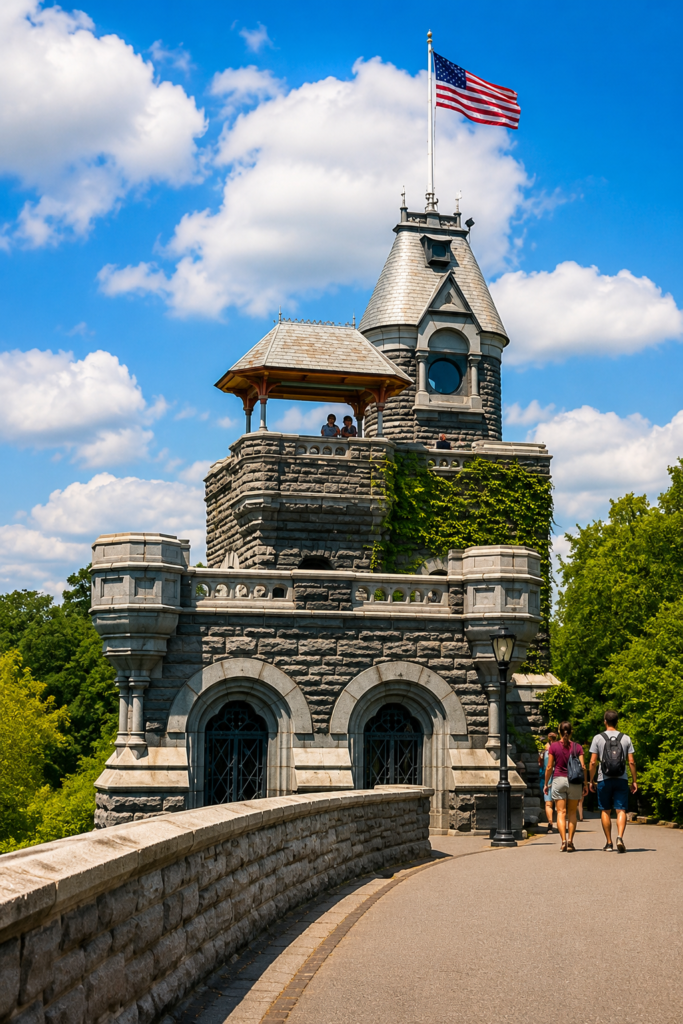 Belvedere Castle in Central Park rises above a curved stone pathway beneath a bright blue sky, with lush greenery, ivy-covered walls, visitors, and an American flag.