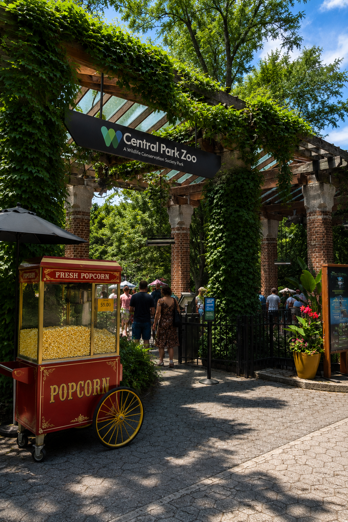 A traditional red-and-gold popcorn cart stands naturally beside the zoo entrance, displaying fresh popcorn behind glass panels and featuring decorative wheels, gold lettering, and a small price sign. A dark umbrella provides shade over the cart.