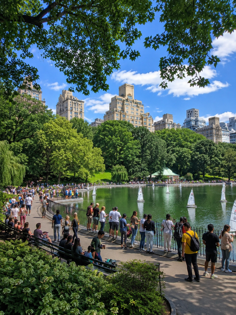 A vibrant view of Central Park’s lake, featuring sailboats, lush green trees, iconic skyline, lively crowds, bright blue skies, and a refreshing summer atmosphere.