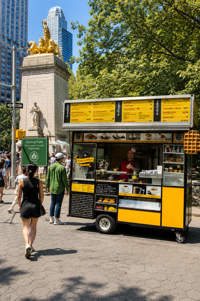 A photorealistic vertical view of a yellow and black food cart serving visitors at the Columbus Circle entrance to Central Park, with leafy trees, stone architecture, surrounding skyscrapers, bright blue sky, and natural midday sunlight creating a vibrant travel scene.