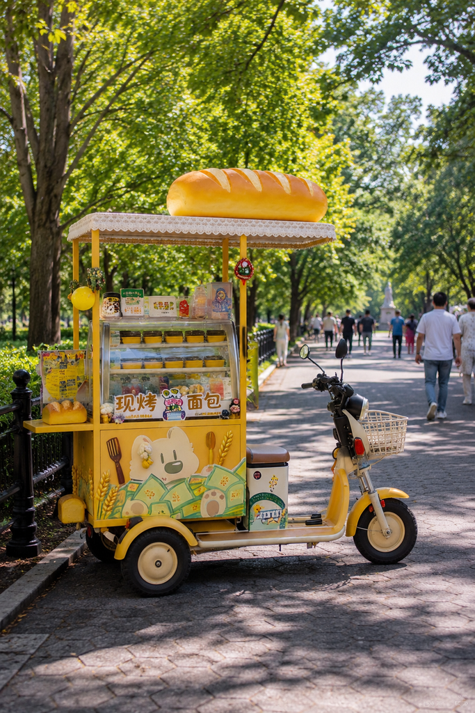 A yellow bakery cart with a bread-shaped roof stands along The Mall and Literary Walk, surrounded by leafy trees, pedestrians, black railings, and dappled sunlight on the paved path outdoors.