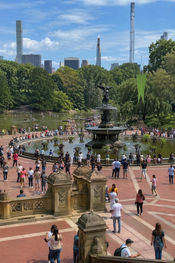 Aerial view of Bethesda Fountain in Central Park, surrounded by lush trees, reflecting pool, city skyline, and strolling visitors below.