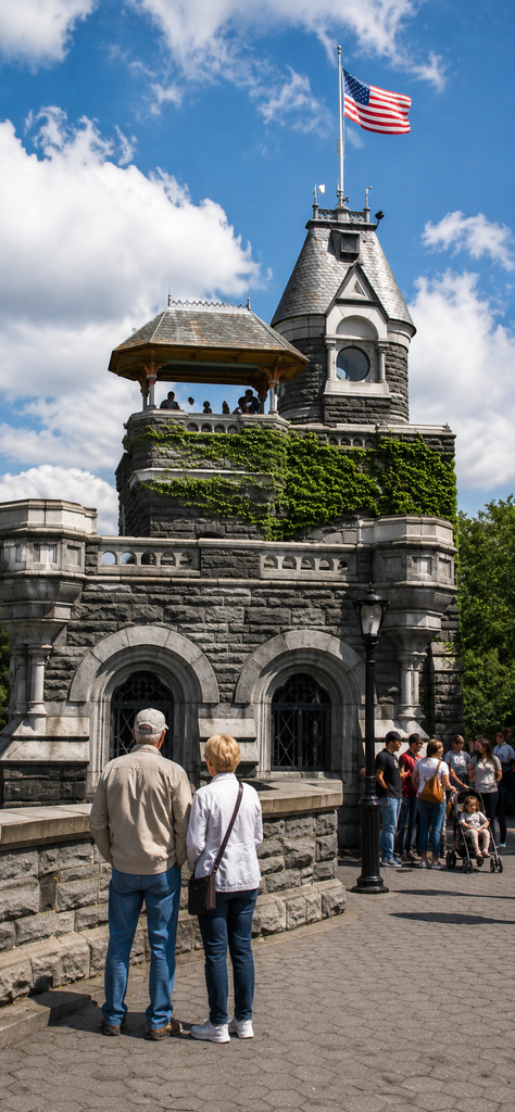 Belvedere Castle in Central Park with an aged couple and visitors, showcasing historic stone architecture, American flag, lush greenery, bright sky, and authentic travel photography.