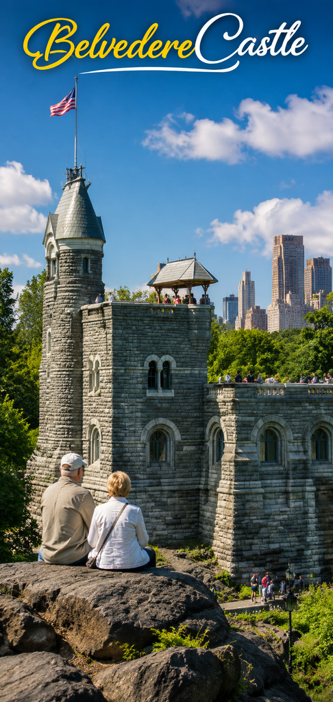 Belvedere Castle rises above Turtle Pond, with an aged couple relaxing on rocky terrain, surrounded by trees, water reflections, visitors, and vibrant summer scenery in Central Park.