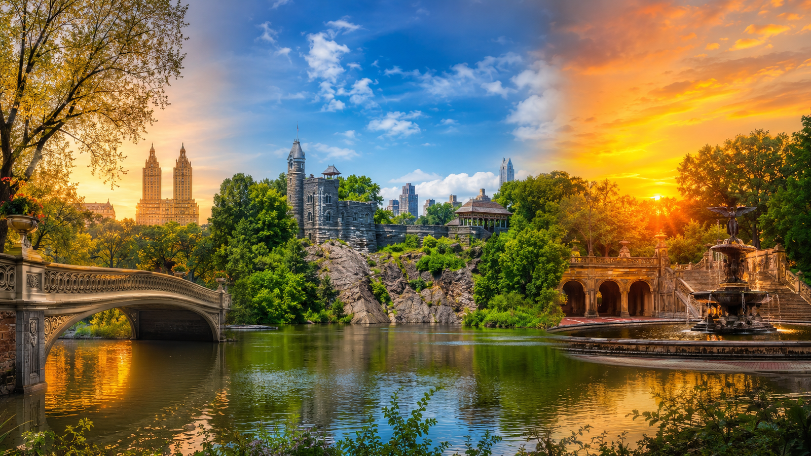 Ultra-realistic panoramic view of Central Park featuring Bow Bridge at sunrise, Belvedere Castle beneath bright midday skies, and Bethesda Terrace at sunset, showcasing seamless lighting transitions, reflective waters, lush greenery, iconic architecture, and vibrant seasonal scenery.