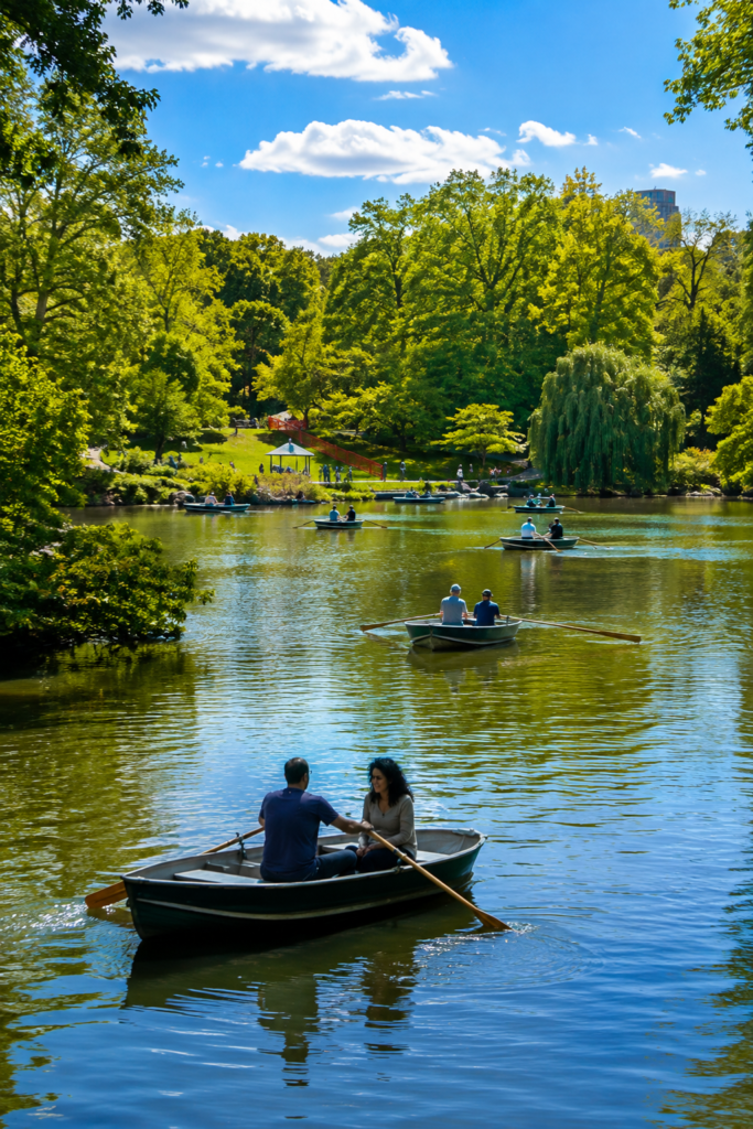 Central Park's The Lake with rowboats, peaceful visitors, lush green trees, shimmering water, landscaped gardens, blue skies, and natural reflections creating a vibrant summer atmosphere.