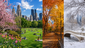 Central Park across four seasons, featuring spring blossoms, summer Sheep Meadow, autumn foliage along The Mall, and snowy winter scenes around Bow Bridge.
