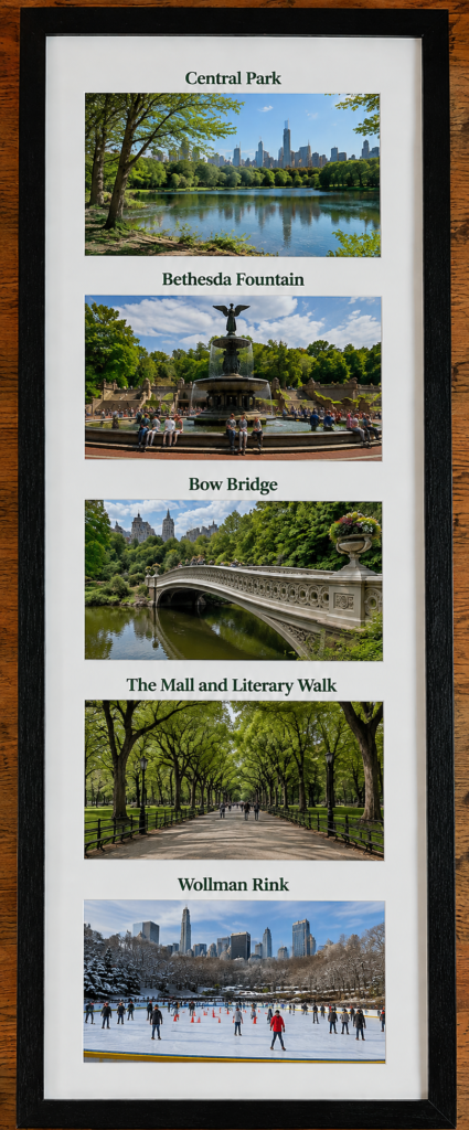 Central Park filming locations collage featuring Bethesda Fountain, Bow Bridge, The Mall and Literary Walk, Wollman Rink, and scenic park views associated with movies and TV shows.