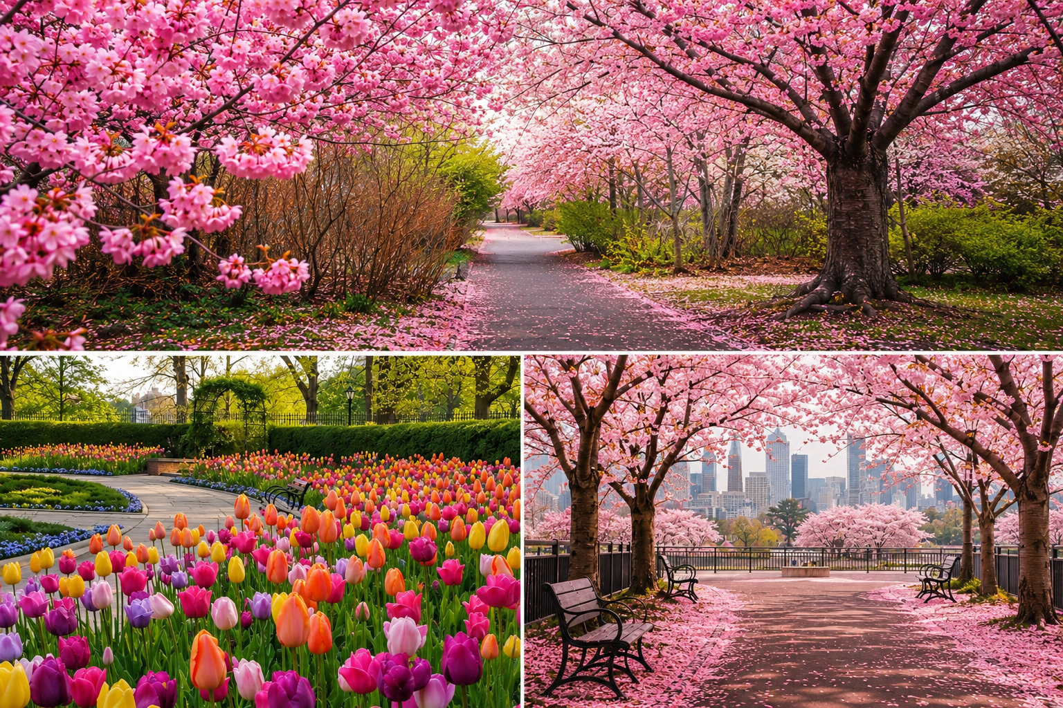 Central Park bursts with spring color, featuring peak cherry blossoms, vibrant tulip gardens, petal-covered pathways, lush greenery, benches, and scenic views creating a picturesque seasonal landscape in New York City.