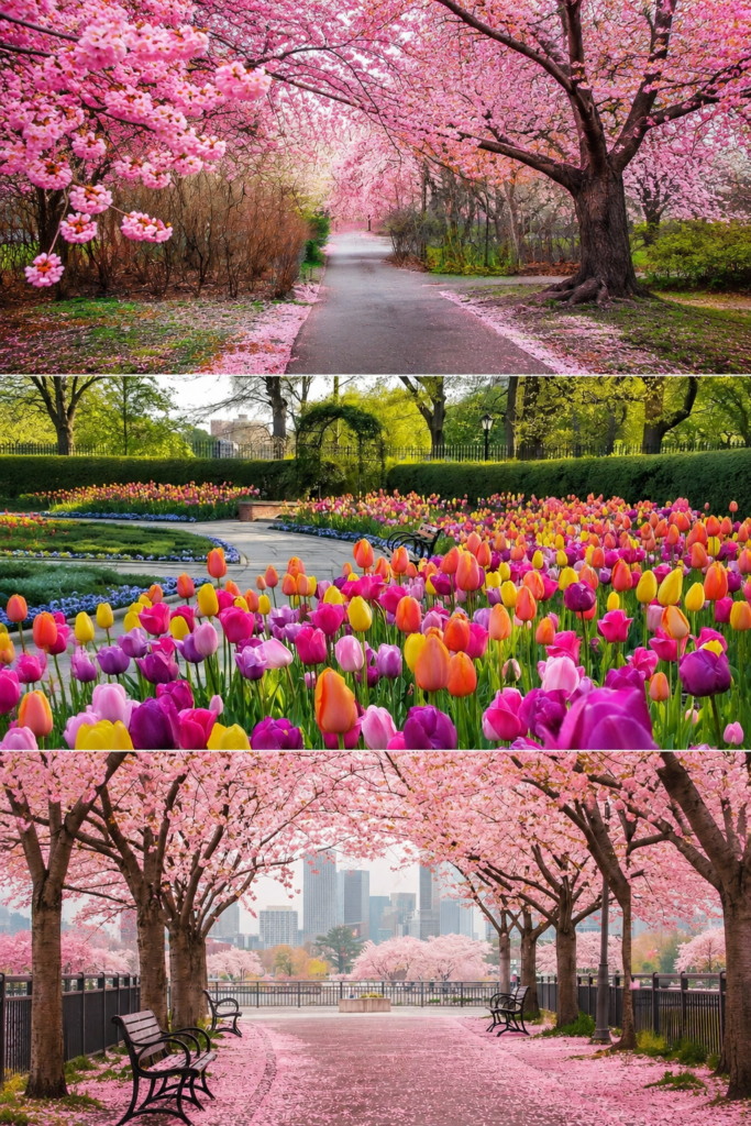 Central Park bursts with spring color, featuring peak cherry blossoms, vibrant tulip gardens, petal-covered pathways, lush greenery, benches, and scenic views creating a picturesque seasonal landscape in New York City.