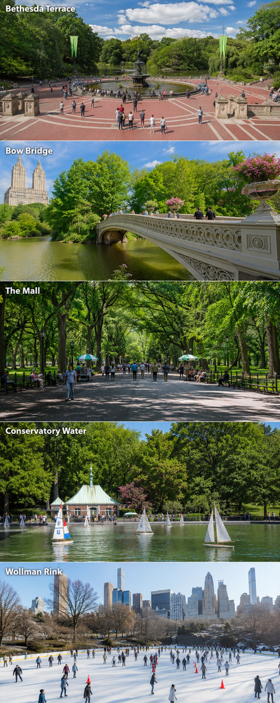 Long vertical Central Park collage featuring Bethesda Terrace, Bow Bridge, The Mall, Conservatory Water, and Wollman Rink, showcasing iconic landmarks, scenic paths, lush greenery, city atmosphere, and authentic outdoor activities in vibrant photorealistic detail.