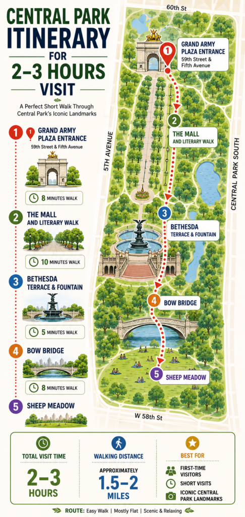 Professional Central Park itinerary infographic showing a 2–3 hour walking route from Grand Army Plaza through The Mall, Bethesda Terrace, Bow Bridge, and Sheep Meadow with timings and landmarks.