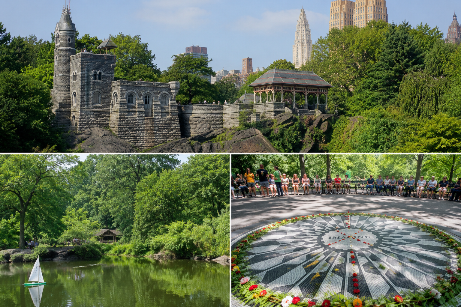 Central Park landmarks featuring Belvedere Castle, Turtle Pond, and Strawberry Fields, surrounded by lush greenery, visitors, peaceful water, and distinctive New York City scenery.