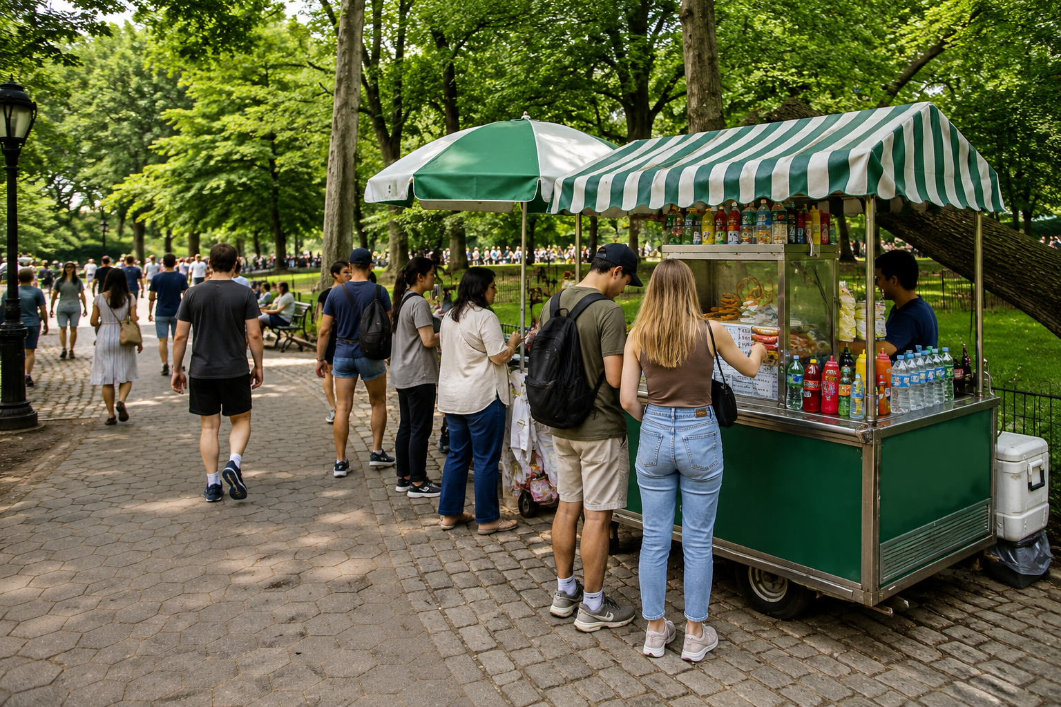 Central Park snack cart with visitors ordering food and drinks beneath green-and-white umbrellas, surrounded by trees, walking paths, benches, and a lively park crowd.