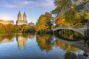 Golden-hour view of Central Park's Lake features Bow Bridge, autumn trees, reflections, and Manhattan buildings in the background beneath a softly illuminated sky, creating a scenic New York landscape vista.