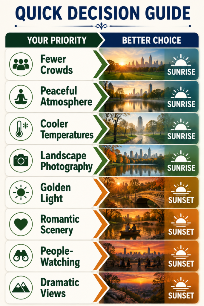 Vertical infographic compares sunrise and sunset in Central Park, highlighting priorities including crowds, peaceful atmosphere, cooler temperatures, photography, golden light, romance, people-watching, and dramatic views.