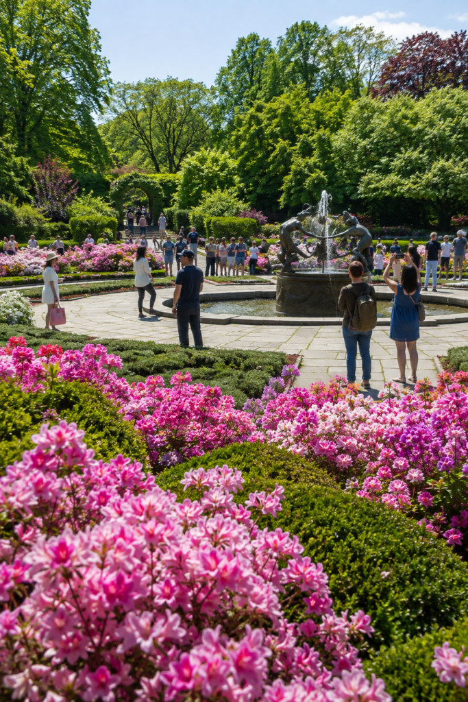 Conservatory Garden in Central Park showcases vibrant seasonal flowers, elegant fountains, manicured hedges, tree-lined pathways, and peaceful landscapes, offering visitors a beautiful oasis for leisurely strolls and photography.