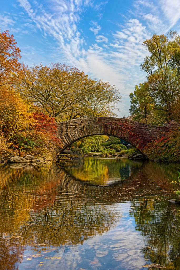 Stone arch Gapstow Bridge spans a tranquil The Pond, reflecting autumn foliage and blue skies, surrounded by vibrant trees, rocks, and peaceful natural scenery.