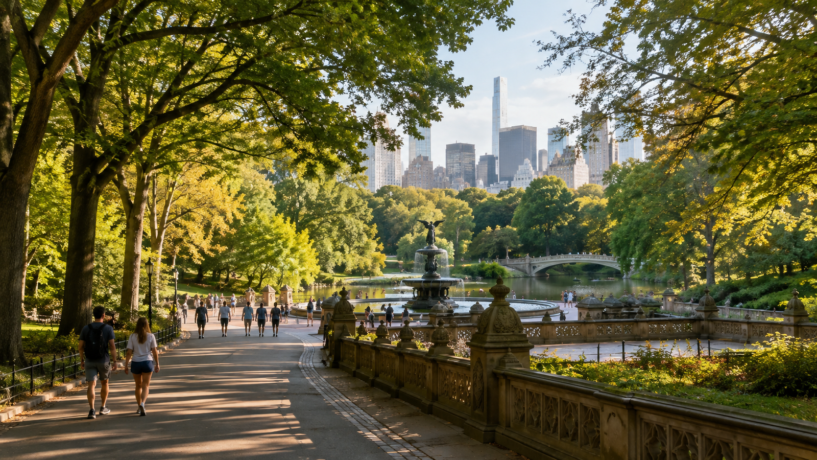 Golden hour sunlight illuminates Bow Bridge over calm Central Park water, with Bethesda Terrace and fountain beyond, lush trees, visitors strolling, reflections, and Manhattan skyline creating a New York vista.