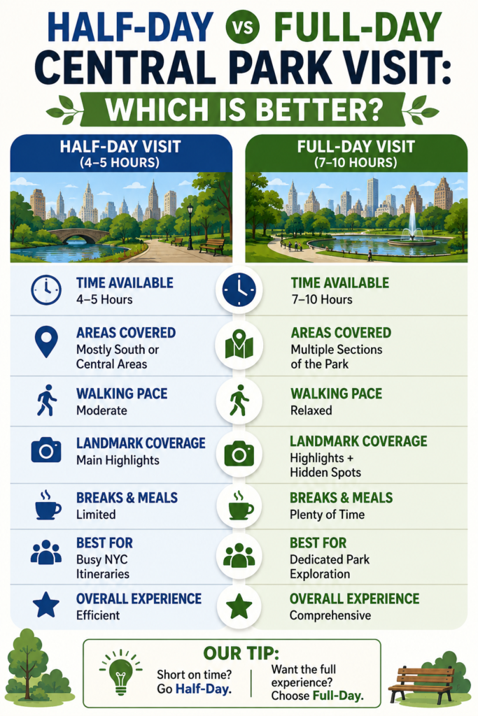 Infographic comparing half-day and full-day Central Park visits, highlighting time available, areas covered, walking pace, landmark coverage, meal breaks, ideal visitors, overall experience, and quick recommendations for choosing the best itinerary.