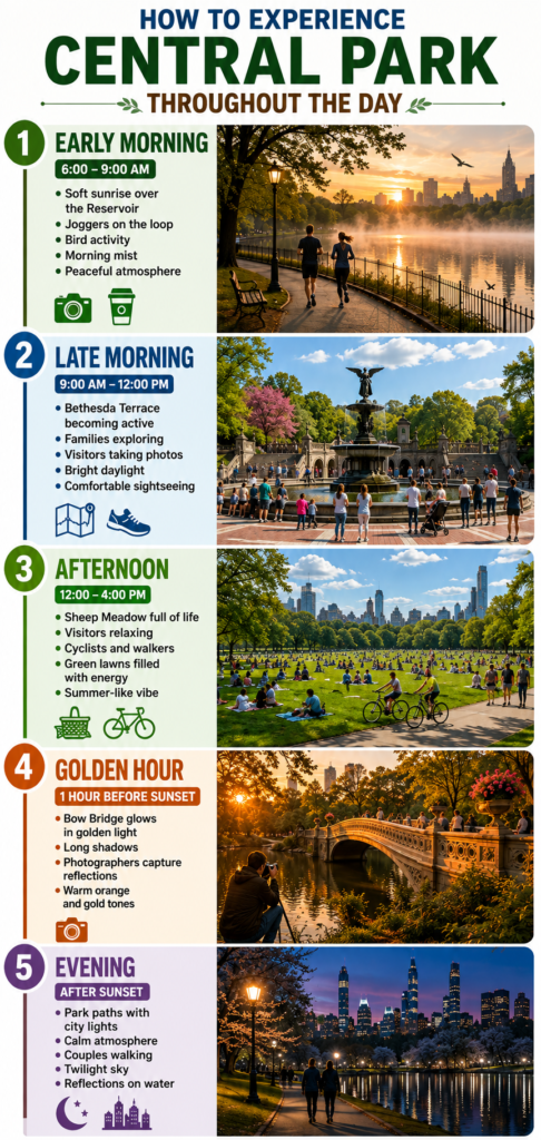 Vertical Central Park infographic showing changing scenery from peaceful morning through Bethesda Terrace, Sheep Meadow, golden-hour Bow Bridge, and evening city views.
