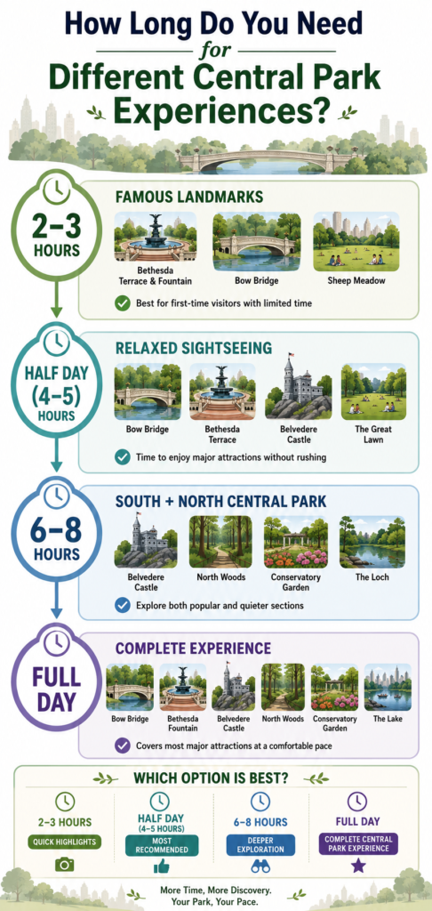 This travel infographic compares four Central Park visit durations, highlighting attractions, recommended experiences, and ideal itineraries to help visitors choose the perfect amount of time for exploring the park.