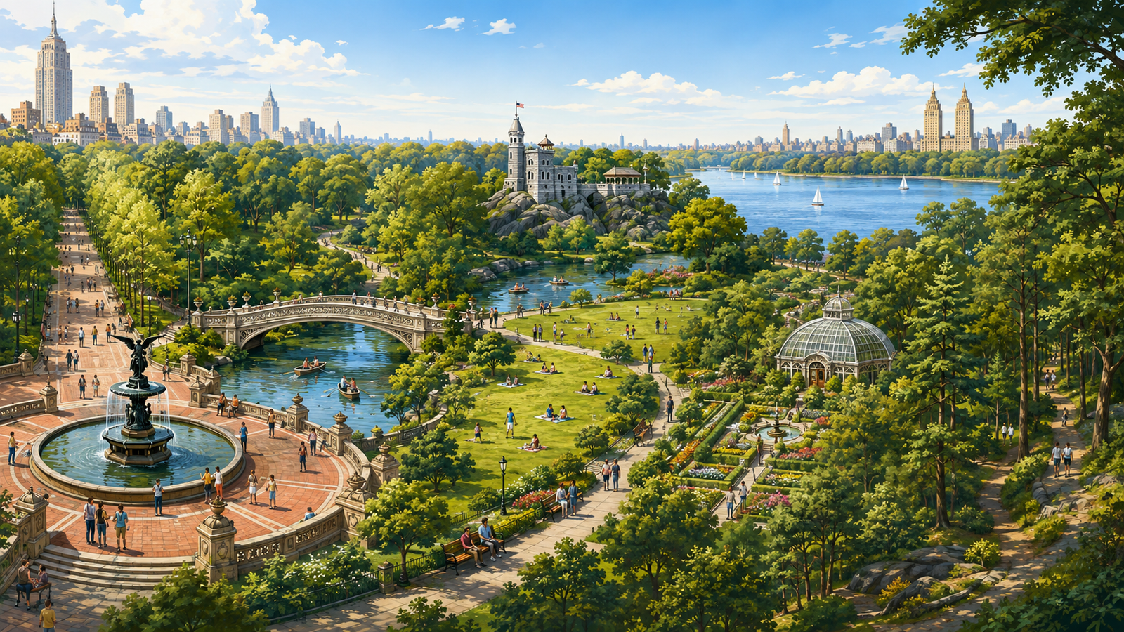 This featured illustration showcases Central Park’s iconic landmarks, scenic gardens, peaceful woodlands, and open spaces in one panoramic view, visually representing short visits through full-day explorations without using text.