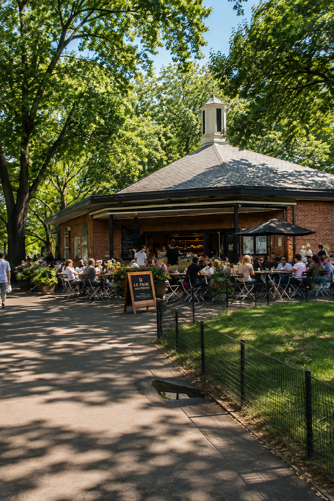 Le Pain Quotidien café in Central Park features outdoor diners beneath umbrellas beside a brick building, surrounded by lush trees, flower-filled planters, and shaded walking paths on a sunny day.