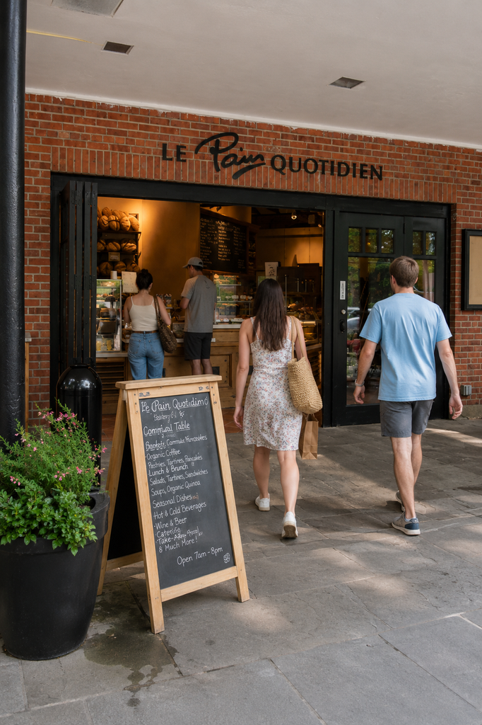 Le Pain Quotidien restaurant entrance in Central Park, featuring a brick facade, warm interior lighting, outdoor signboard, bakery displays, glass doors, and welcoming storefront details.
