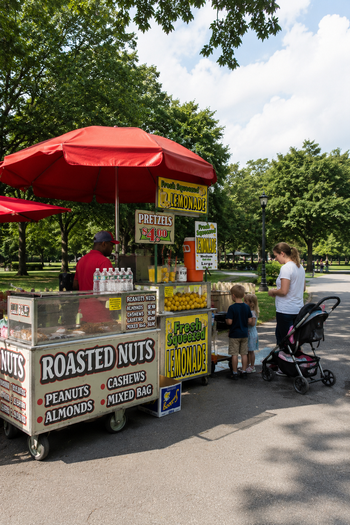 A lively park refreshment stand offers fresh-squeezed lemonade, roasted nuts, and pretzels beneath bright red umbrellas. A vendor serves visitors while a mother and children gather nearby, with a stroller, shaded walking path, lush trees, grassy lawns, and sunny skies.