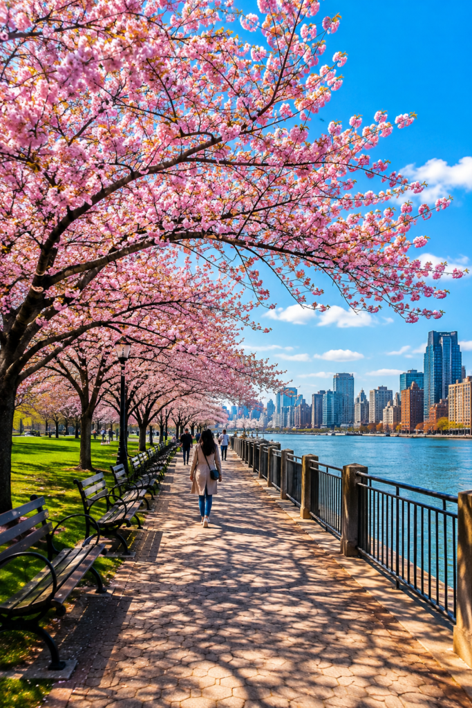 Cherry blossoms bloom along a scenic Central Park pathway, with visitors walking beneath pink and white flowers, park benches, lush greenery, and a bright spring sky.