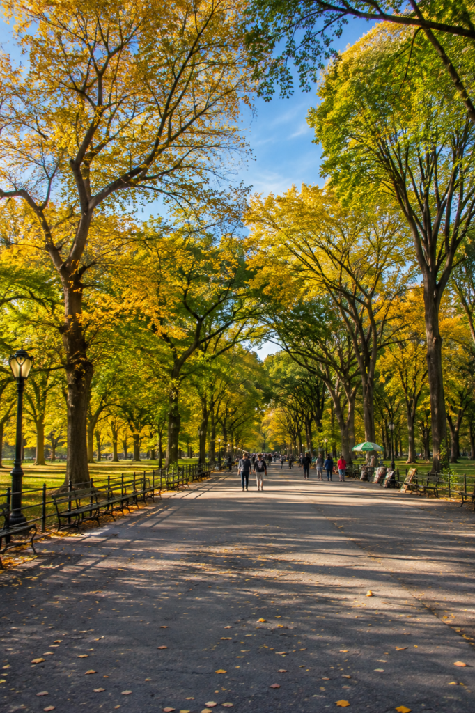 Autumn Central Park promenade lined with golden trees, black benches, vintage lampposts, strolling visitors beneath a blue sky, dappled sunlight, and fallen leaves.