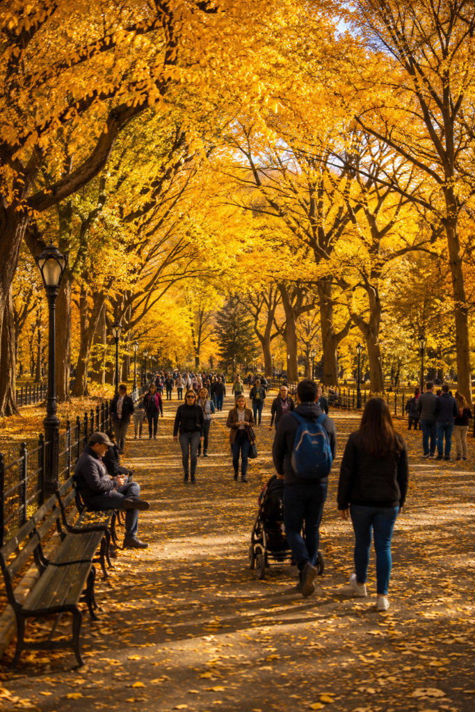 The Mall & Literary Walk in Central Park features majestic autumn trees, scenic pathways, park benches, strolling visitors, and a vibrant atmosphere.