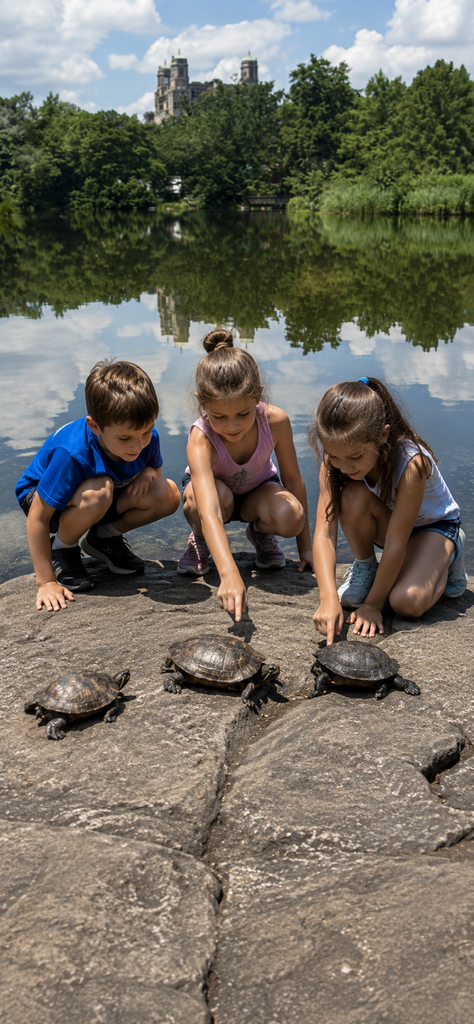 Three children closely observe turtles on a rocky shoreline beside a calm Central Park pond, surrounded by lush trees and reflected city scenery.