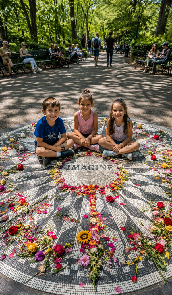 Three children sit happily on Central Park’s Imagine mosaic, surrounded by colorful flowers, lush trees, park benches, visitors, and peaceful Strawberry Fields scenery.