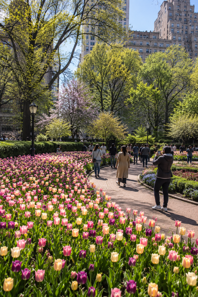 Visitors stroll through colorful tulip gardens at Conservatory Garden, Central Park, enjoying blooming flowers, sunny pathways, lush trees, and peaceful spring scenery together.