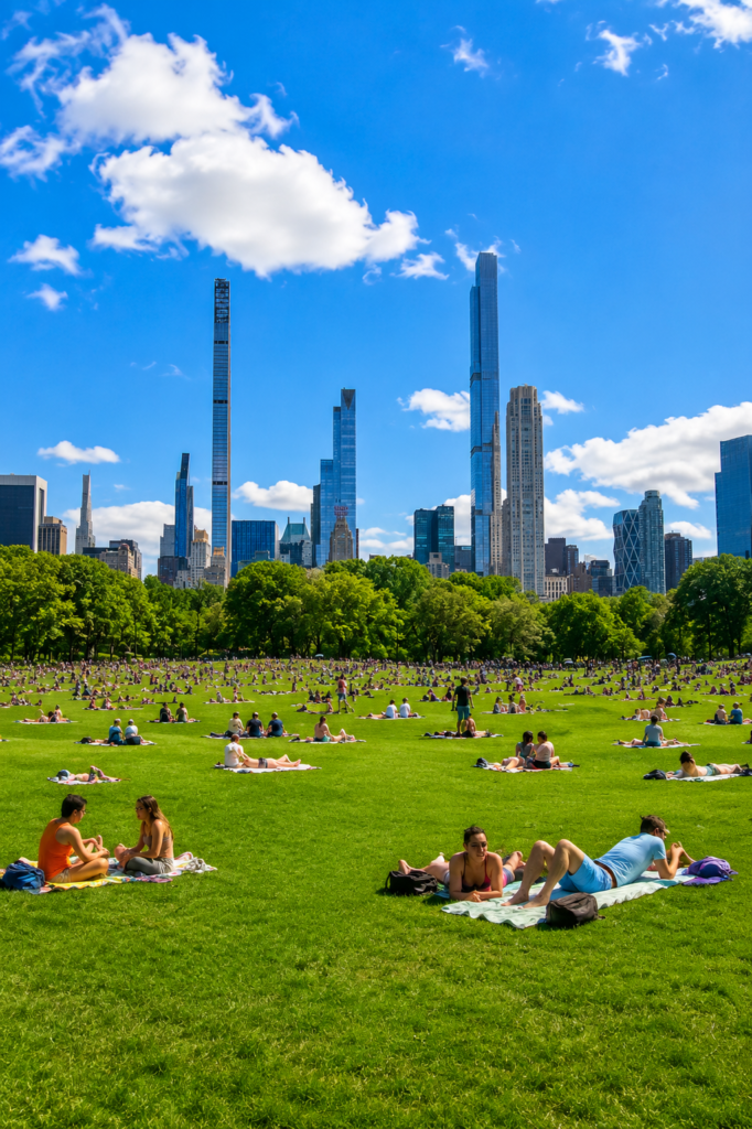 Vibrant Central Park Sheep Meadow filled with visitors relaxing on blankets, framed by lush trees, striking Manhattan skyscrapers, bright blue skies, and warm summer sunlight.