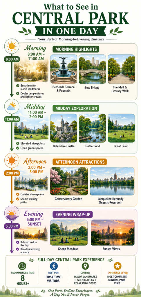 This professional infographic outlines a full-day Central Park itinerary, guiding visitors from morning landmarks to evening relaxation with recommended attractions, timelines, and practical planning tips for a complete park experience.